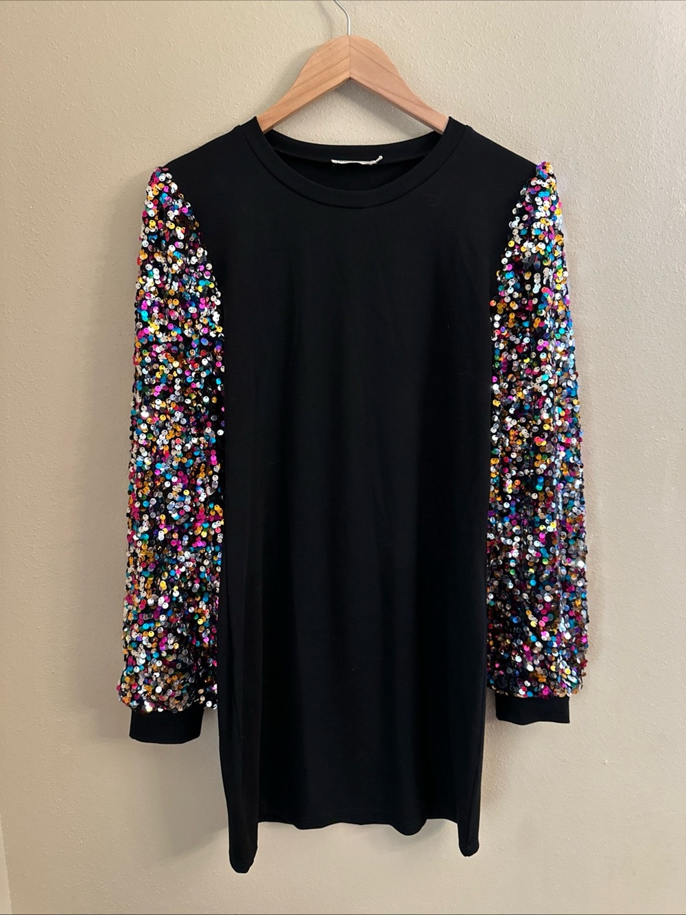 Anna-Kaci Women L Confetti Sequin Balloon Long Sleeve Round Neck Pullover Dress